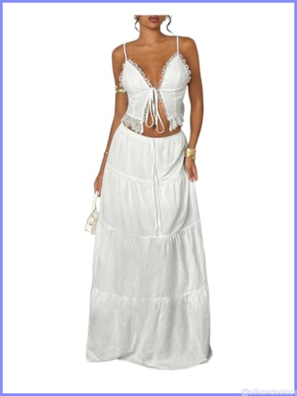 2 Piece Skirt Set Tie Front Cami Tank Top Tiered Maxi Skirt Cotton
